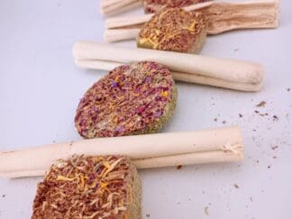 Hanging rabbit treats with calendula, timothy hay, rose, apple sticks and bamboo